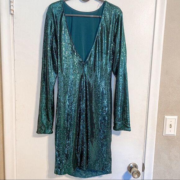 Dress The Population Lolita Mini Dress Sequin Deep Emerald L - Picture 9 of 13